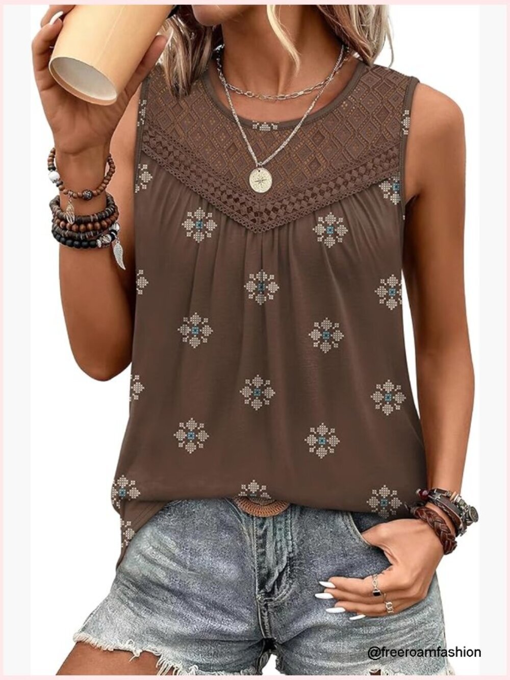 Sleeveless Lace Crochet Boho Tank Top Loose Fit Flowy Summer Top